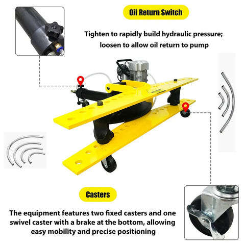 Oil return switch and casters on the Heavy Duty 110V Electric Hydraulic Pipe Bender With 21 Ton Force And 10 Precision Dies.