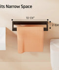 Matte Black 10 Inch Towel Bar Wall Mount For Bathroom Made From SUS304 Stainless Steel Durable Heavy Duty Rust Resistant Modern Hardware With Premium Grade Finish And Corrosion Protection For Long Lasting Use, shown in narrow space with towel.