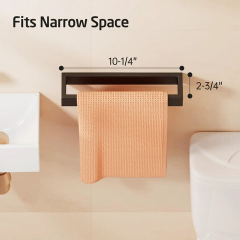 Matte Black 10 Inch Towel Bar Wall Mount For Bathroom Made From SUS304 Stainless Steel Durable Heavy Duty Rust Resistant Modern Hardware With Premium Grade Finish And Corrosion Protection For Long Lasting Use, shown in narrow space with towel.