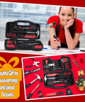 58 Piece Home DIY Tool Set With Durable Plastic Toolbox Case Grab And Go Starter Kit For Home Garage Office And Dorm, All Purpose Hand Tools For Quick Fixes And Projects In Red, displayed with woman holding hammer.
