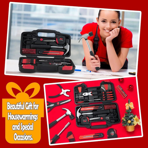 58 Piece Home DIY Tool Set With Durable Plastic Toolbox Case Grab And Go Starter Kit For Home Garage Office And Dorm, All Purpose Hand Tools For Quick Fixes And Projects In Red, displayed with woman holding hammer.