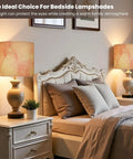 Bedroom with Marble Granite White Drum Lamp Shade With Pink Graphic Abstract Pattern on bedside tables showcasing warm ambiance.