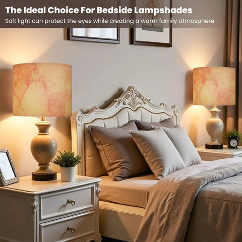 Bedroom with Marble Granite White Drum Lamp Shade With Pink Graphic Abstract Pattern on bedside tables showcasing warm ambiance.