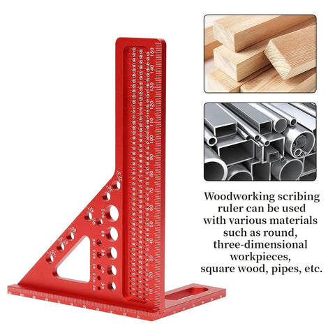 Built Tough Aluminum Multi Angle Measuring Ruler With Quick Snap Angle Pin For Dead On Precision Layout And Scribing Projects In Woodworking Construction And Engineering, featuring etched scales.