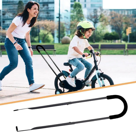 Parent using Adjustable Bike Training Handle For Kids, Parental Stabilization Bar And Multi Position Balance Trainer For Ages 3 To 8