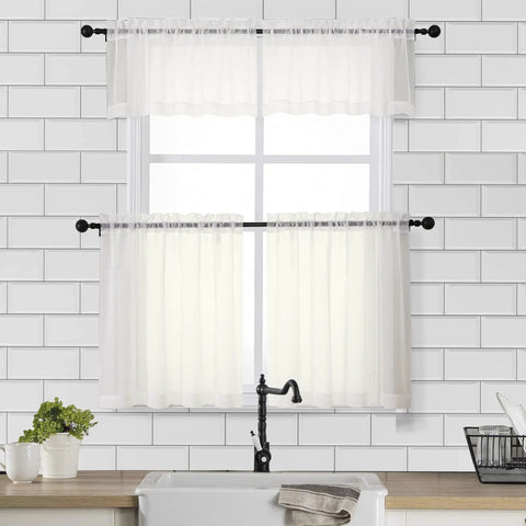 Sheer Curtain Tiers 2 Piece Set, Light Filtering Voile Window Curtains 42W X 24L Inches, Rod Pocket, Ivory, Perfect For Small Windows.