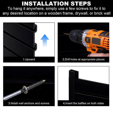 Installation steps for Two Pack PVC Garage Wall Organizer Panels 4 By 8 Ft Heavy Duty Storage System, drill and screw details shown