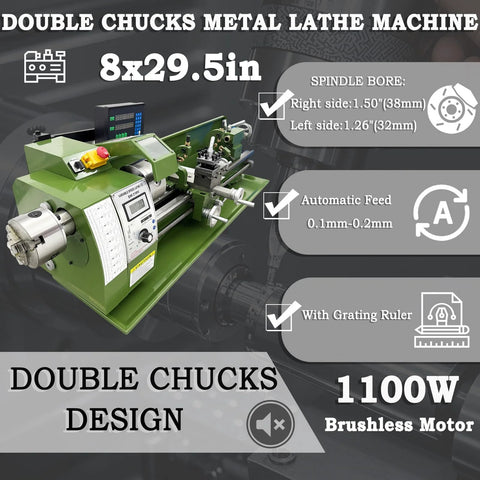 EQCOTWEA double-chuck metal lathe, green bench lathe 8x29.5in with grating ruler and dual chucks