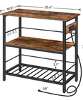 Do It All Kitchen Island With Power Outlet And Storage, 35.4 Inch Long Three Tier Coffee Station And Microwave Stand, Rustic Brown And Black Finish For Home Or Dining Room, showing measurements and power cord.