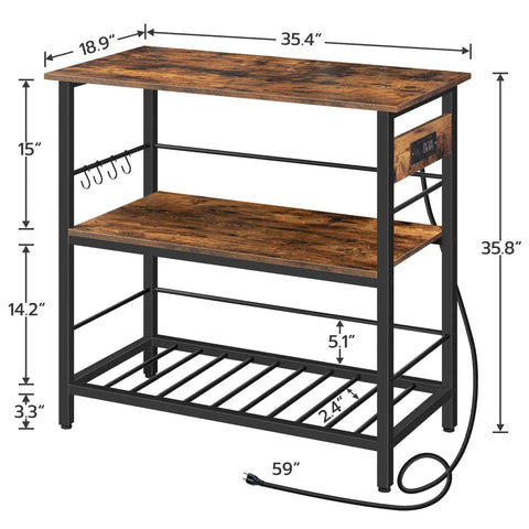 Do It All Kitchen Island With Power Outlet And Storage, 35.4 Inch Long Three Tier Coffee Station And Microwave Stand, Rustic Brown And Black Finish For Home Or Dining Room, showing measurements and power cord.