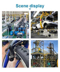 Scene display of industrial environments featuring vehicles, bicycle components, and machinery infrastructure.
