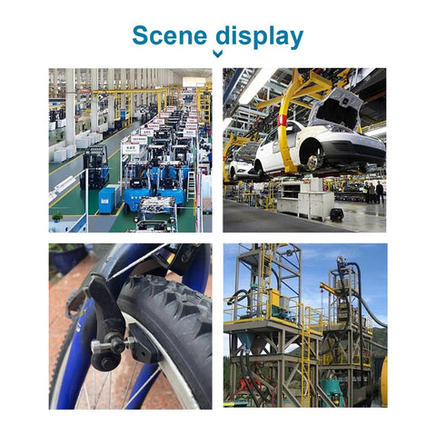 Scene display of industrial environments featuring vehicles, bicycle components, and machinery infrastructure.