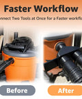 2.5 Inch Dust Collection Hose Splitter With Independent Blast Gates installed on orange shop vacuum