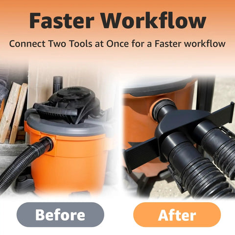 2.5 Inch Dust Collection Hose Splitter With Independent Blast Gates installed on orange shop vacuum
