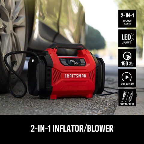 Dual Power Tire Inflator Portable Air Compressor With 12V Car Plug And 120V Home Use Up To 150 PSI Digital Gauge Auto Shut Off LED Light Handy Air Pump For Cars Bikes And Inflatables in red under a car tire.