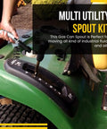 Clear 15 Inch Gas Can Spout Kit With PVC Tube, Rubber Hub, Stopper Cap And Vent Plug in use on green utility equipment