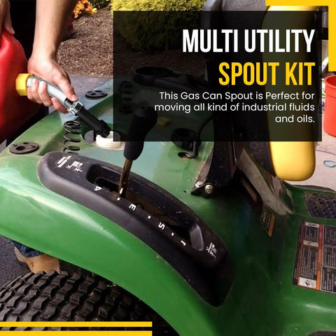 Clear 15 Inch Gas Can Spout Kit With PVC Tube, Rubber Hub, Stopper Cap And Vent Plug in use on green utility equipment