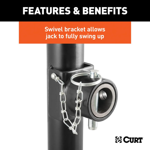 Pipe Mount Swivel Trailer Jack With 2000 LB Lift Capacity And 3000 LB Support 15 Inch Travel Swivels Up And Out Of The Way For Easy Towing Heavy Duty Steel Stand close-up swivel bracket