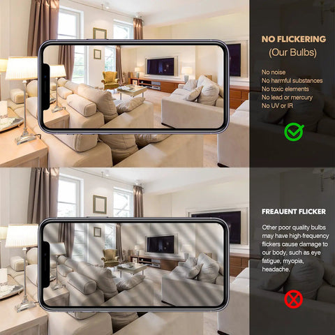 Living room comparison showing 3W Led Bulb benefits over frequent flicker, highlighting cozy glow and energy savings.