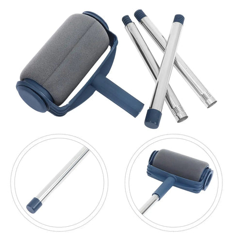 Extendable Paint Roller Kit With Adjustable Pole For Ceiling Painting Featuring Ergonomic Grip Heavy Duty Construction and smooth operator. Grey roller with blue handle and extendable poles.