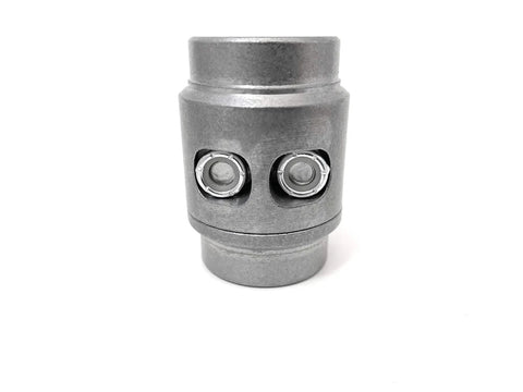 Close-up of Straight Shot 1 1/2 Inch Tube Connector Adapter Weld Fabrication Bung with metal finish and bolt holes.
