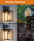 Two Pack Automatic Dusk To Dawn Exterior Wall Lights With Smart Photo Sensor Waterproof Black Coach Porch Fixture shown in rain and snow.
