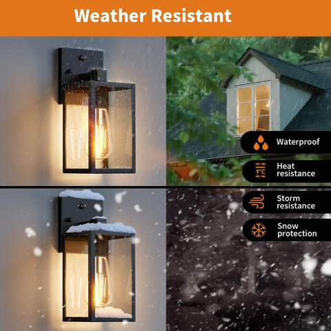 Two Pack Automatic Dusk To Dawn Exterior Wall Lights With Smart Photo Sensor Waterproof Black Coach Porch Fixture shown in rain and snow.