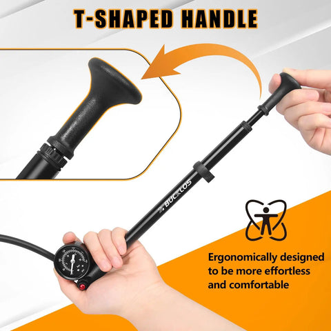 Person holding Beefy High Pressure Bike Shock Pump With Gauge For Mountain Bike And Road Bikes, T-shaped handle visible