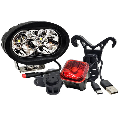 High Output White LED E Bike Headlight With USB Rechargeable Power And 4 Mode Smart Sensor Brake Light 12V To 60V Compatible Ultra Bright For Rad Power Bikes RadMini RadRover RadExpand RadRunner And Vamoose Mammoth