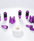 One Quarter Inch Air Hose Fittings Quick Connect Kit, Fifteen Piece Air Coupler And Plug Set with purple connectors displayed.
