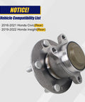 Rear Wheel Bearing And Hub Assembly 512570 For 2016 To 2021 Honda Civic Rear And 2019 To 2022 Honda Insight Rear With 5 Lug Bolts And ABS Replacement Today, displayed with compatibility list.