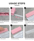 Usage steps for adjustable 6 hole punch for A4 A5 A6 planners, showing pink metal construction and non-slip base.