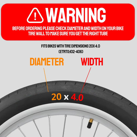 Warning sign for checking bike tire dimensions 20x4 before ordering Two Pack 20 Inch Fat Bike Tubes 20X4 Heavy Duty Butyl Inner Tubes