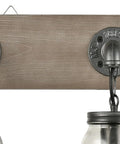 Close-up of Farmhouse Style 3-Light Mason Jar Wall Sconce with Wood Base and Glass Shades for Indoor Bathroom Vanity Lighting
