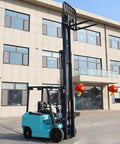 Top Rated Portable Electric Forklift Pallet Stacker With 4-Way Counterbalance Lift Truck parked outside a warehouse.