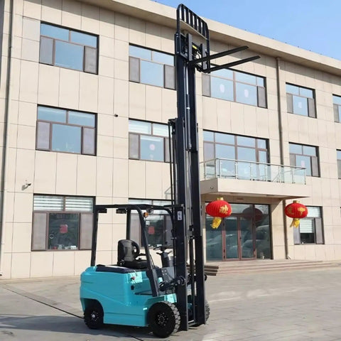 Top Rated Portable Electric Forklift Pallet Stacker With 4-Way Counterbalance Lift Truck parked outside a warehouse.