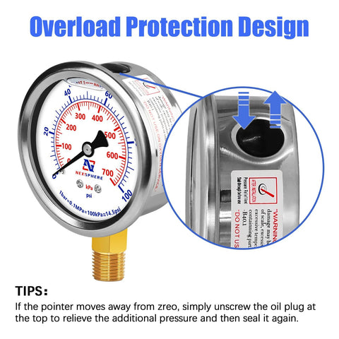 NexSphere glycerin-filled pressure gauge, 0–100 psi, 2.5 in dial, 304 stainless steel case, 1/4 in NPT lower mount, front view.