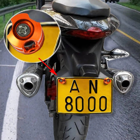 Rust Proof Aluminum License Plate Screws Kit With Accessories 4 Pack For Cars Trucks And Motorcycles Orange Keeps Your Plate Secure And Theft Resistant With Easy Install, installed on motorcycle plate.