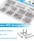 Machine Screws Kit In Stainless Steel, 100 Pieces, Sizes 6-32 And 8-32 in storage box with Phillips pan head screws visible