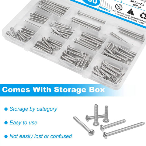 Machine Screws Kit In Stainless Steel, 100 Pieces, Sizes 6-32 And 8-32 in storage box with Phillips pan head screws visible