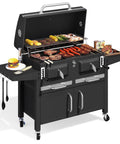 Two Independent Charcoal Grillin Zones With An Oversized 620 Square Inch Cooking Area Storage Cabinet Individual Lifting Charcoal Trays Foldable Side Tables And Built In Thermometer For Outdoor Patio Balcony shown with food on grill.