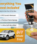 Hand holding Scratch Repair Wax And Swirl Remover For Vehicles, Ultimate Paint Restore Kit with sponge and car illustration