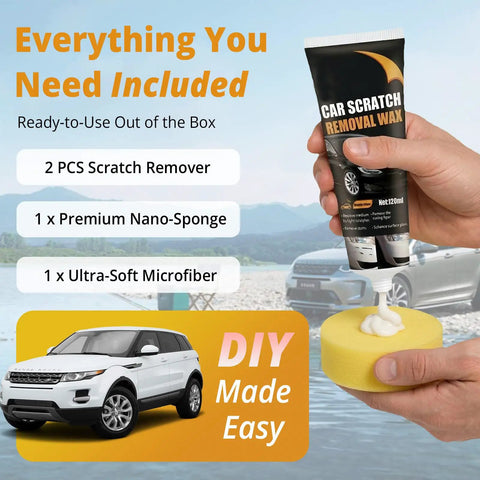 Hand holding Scratch Repair Wax And Swirl Remover For Vehicles, Ultimate Paint Restore Kit with sponge and car illustration
