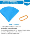 Six Pack Reusable Dry Filters And Foam Sleeve Filter Kit Replacement For 5 Gallon And Up Wet Dry Vacuums 9010700 9013700 9058500