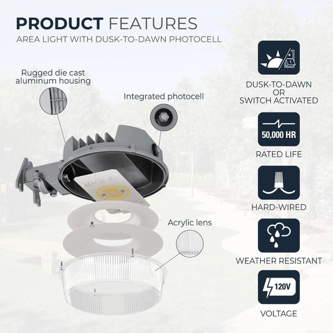 Outdoor Dusk-To-Dawn LED Security Area Light with features; die-cast aluminum housing, integrated photocell, acrylic lens