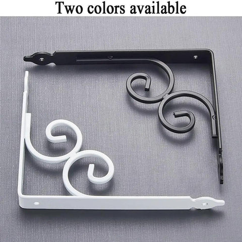 Heavy Duty Corner Brackets Four Pack L Shape Shelf Supports Rust Proof Iron Angle Braces in black and white colors.