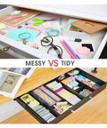 Smooth Operator Under Desk Slide Out Drawer With Split Adjustable Dividers For Pencil And Desk Gear Built For Sit Stand Tables Hassle Free Install Always Tidy Space, showing messy vs tidy organization.