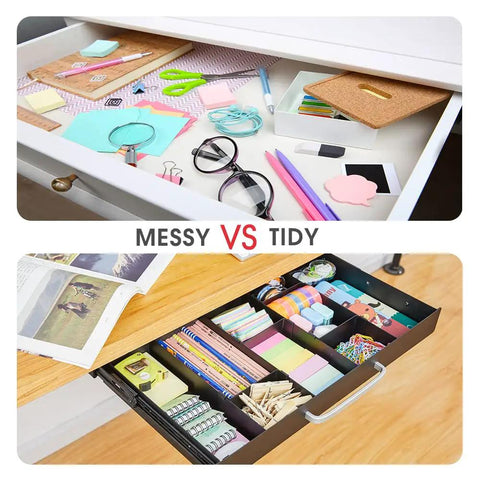 Smooth Operator Under Desk Slide Out Drawer With Split Adjustable Dividers For Pencil And Desk Gear Built For Sit Stand Tables Hassle Free Install Always Tidy Space, showing messy vs tidy organization.