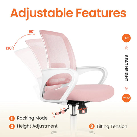Pastel Pink Ergonomic Mesh Office Chair With Lumbar Support, Adjustable Height, showing rocking mode and tilting tension