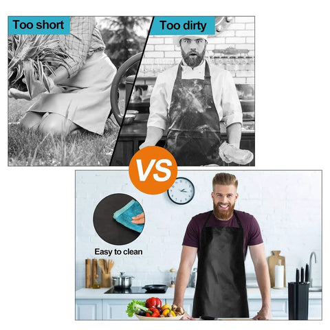 Comparison of ineffective aprons vs Waterproof Vinyl Apron For Heavy Duty Chemical Work, 40 Inch Adjustable Bib With Neck Strap Black Dishwashing Shield